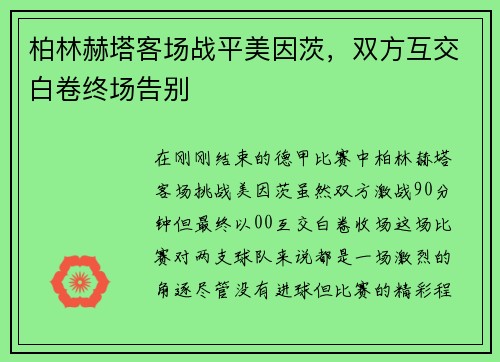 柏林赫塔客场战平美因茨，双方互交白卷终场告别